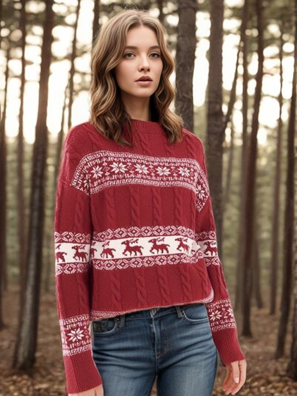 ZARA Vintage Jacquard Contrast Color Red Loose Round Neck Christmas Sweater
